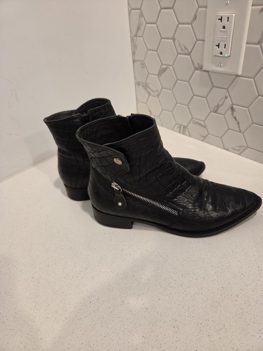 Black Croc-Effect Leather Ankle Boots with Side Zip